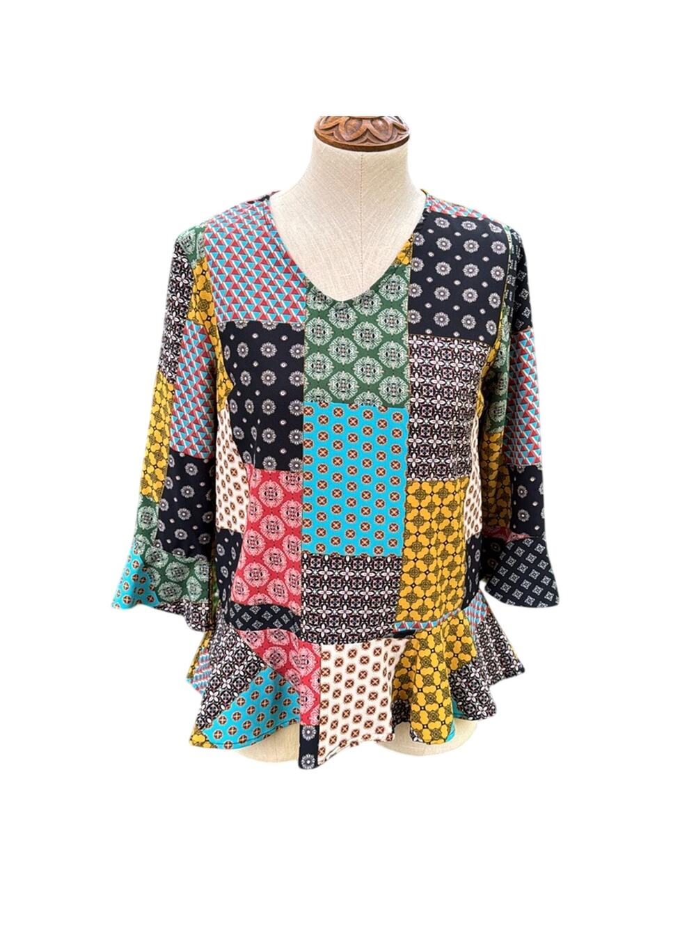 Lake Flower 3/4 Bell Sleeves Patchwork Boho Blouse Women's Size Small